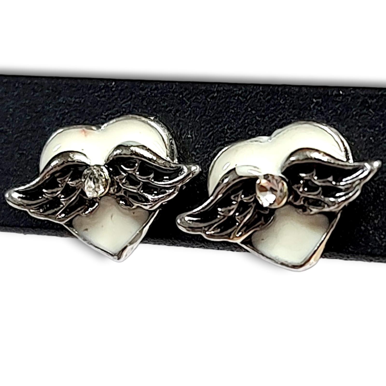Black White Enamel Rhinestones Silver Tone Hearts Angel Wings Everyday Earrings