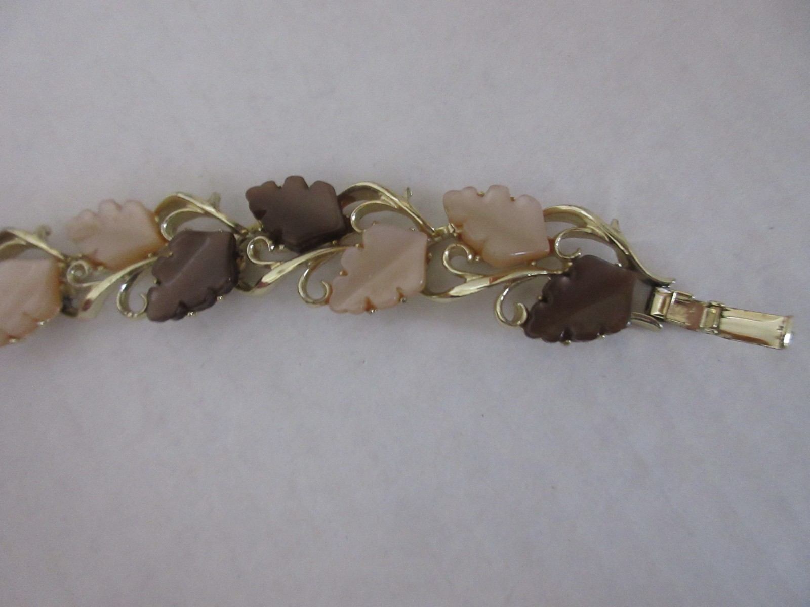 Vintage Gold Tone Bracelet with Moonglow Lucite Leaves, Brown and Tan, 1950-’60s