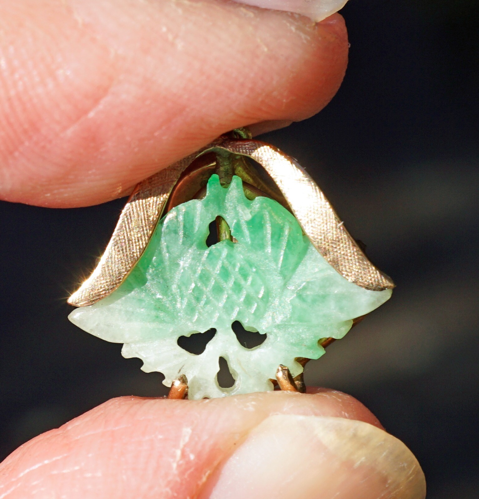 Vintage Green Jadeite Jade Pendant Pierced Floral Design in 14K Gold Setting