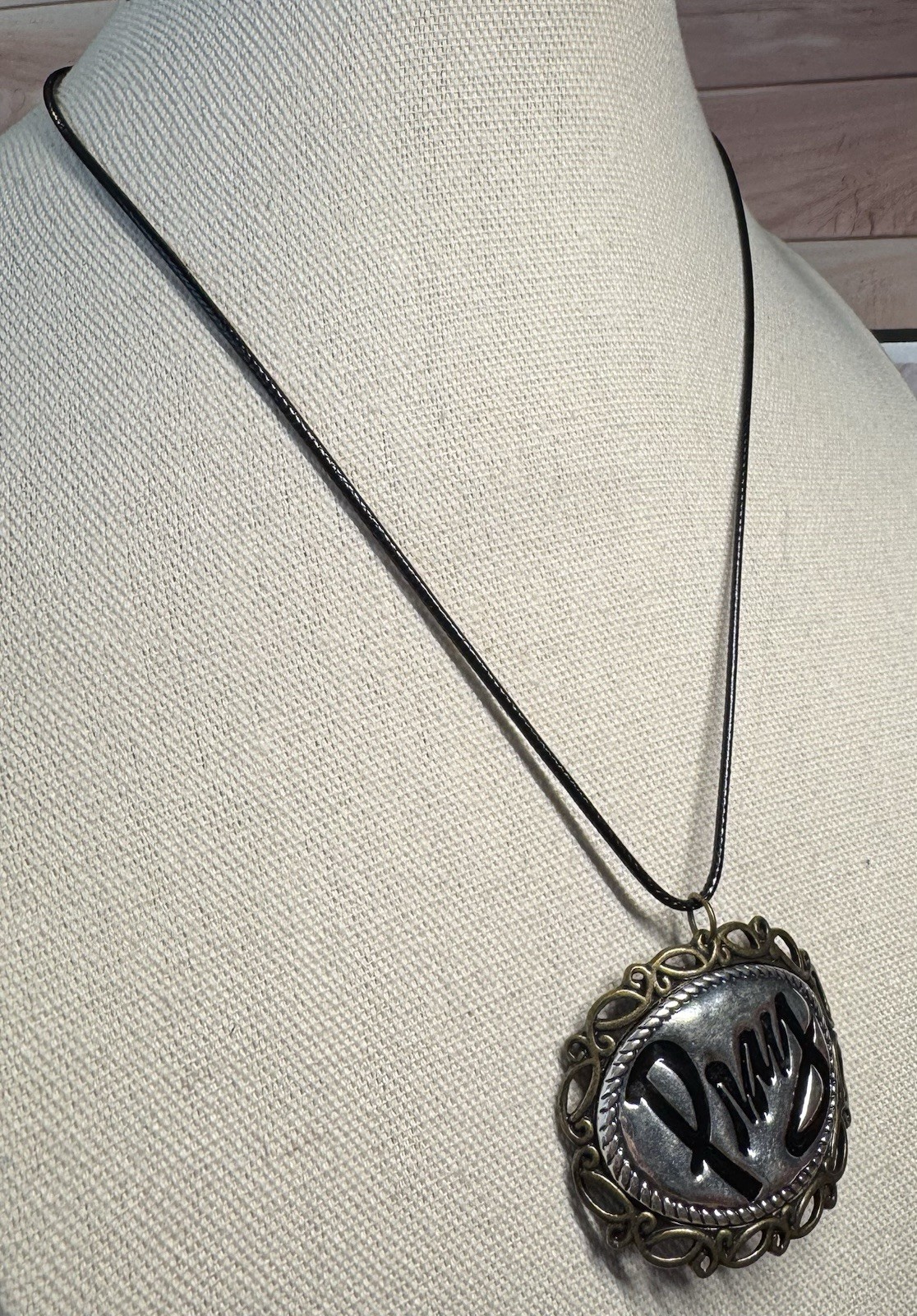 Beautiful Vintage Brassy & Silvertone Oval Pray Pendant On Cord Necklace