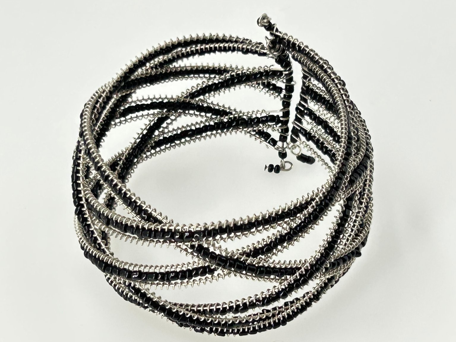 Vintage Black Beaded Cuff Braided Bracelet Silver Tone Multi Strand Wrap