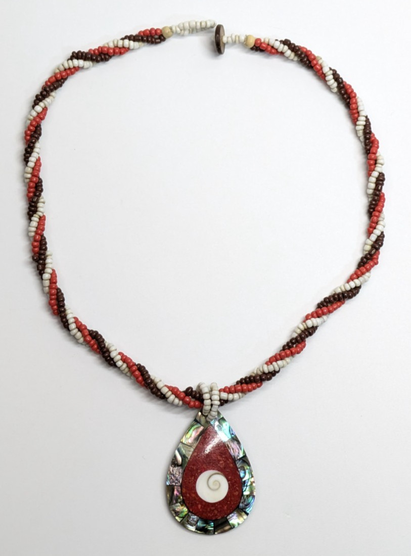 VTG Red White Brown Twisted Beaded 18.5″ Necklace Abalone Shell Inlay Boho