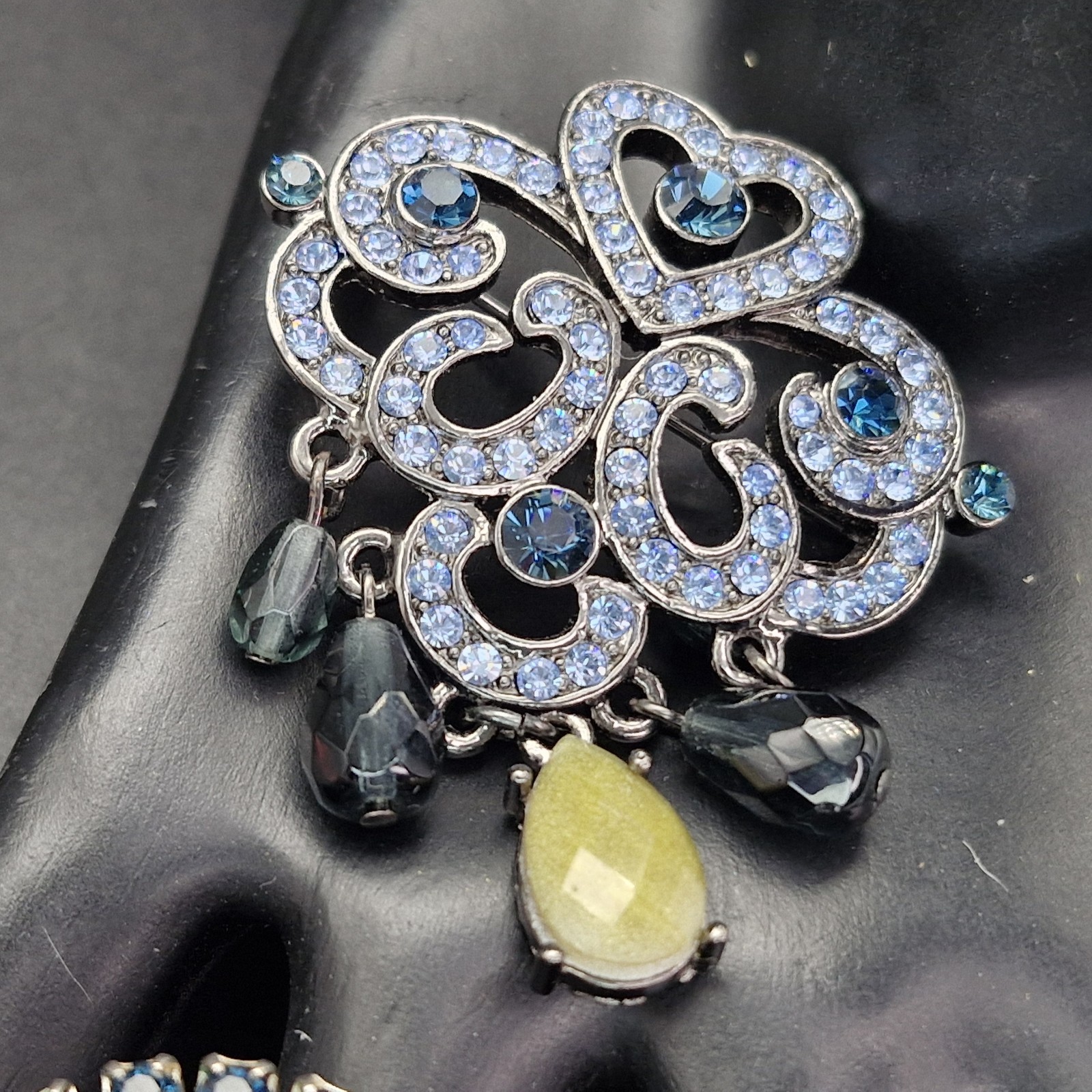 2 Vintage Silver Tone Sapphire Glass Rhinestone Brooches Deco Inspired 1.5-2″