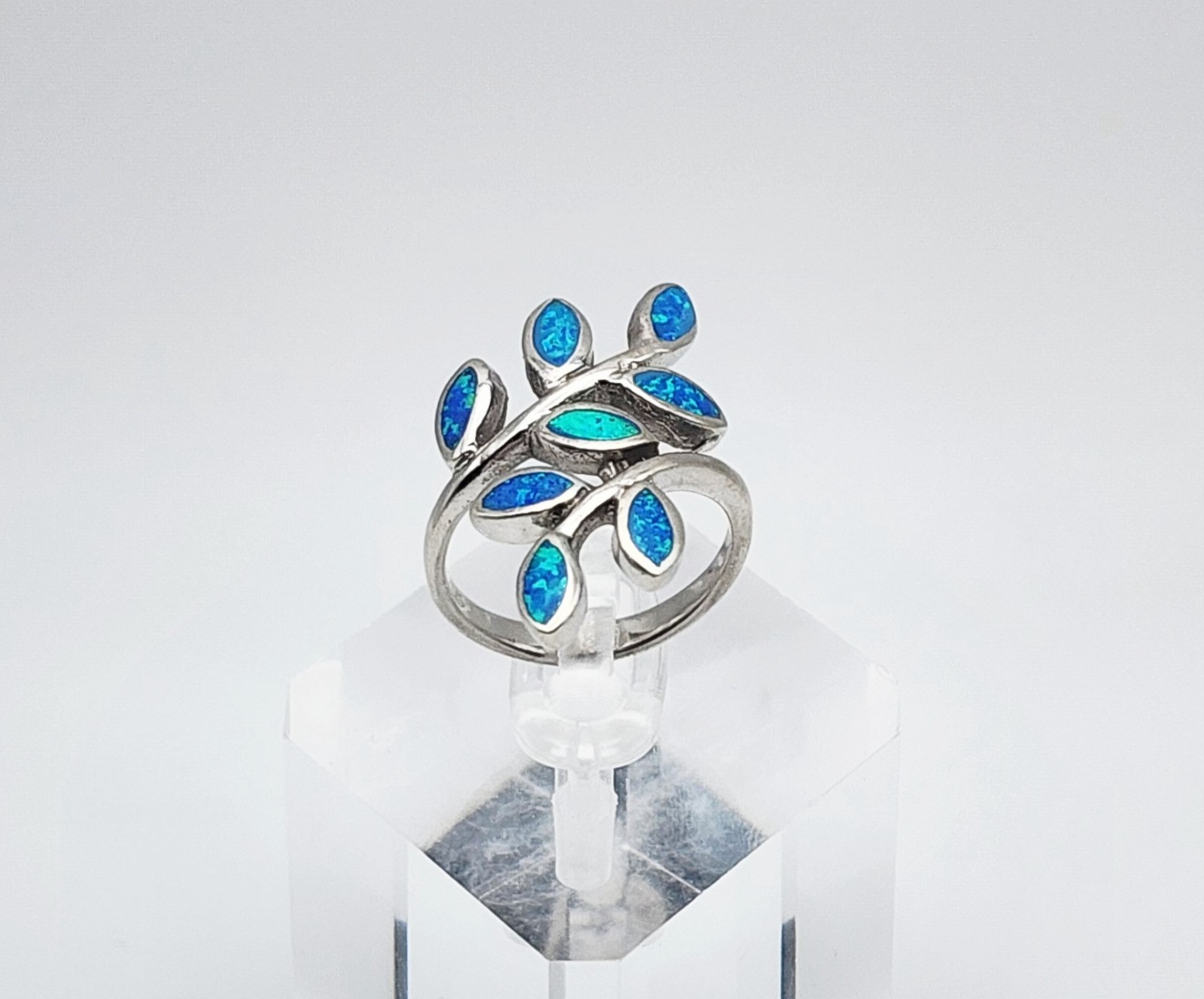 SI Sterling Silver Blue Fire Opal Inlay Branch & Leaf Bypass Ring Size 6.75