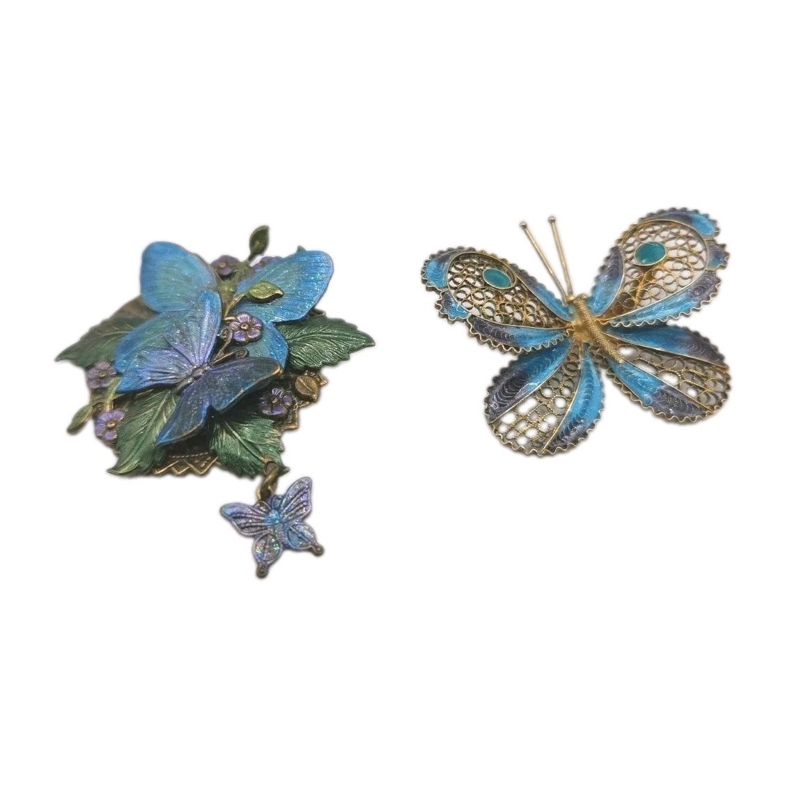 Brooch Set Of 2 Flowers & Butterflies Hues Of Blue Green & Violet Brass Tone0321