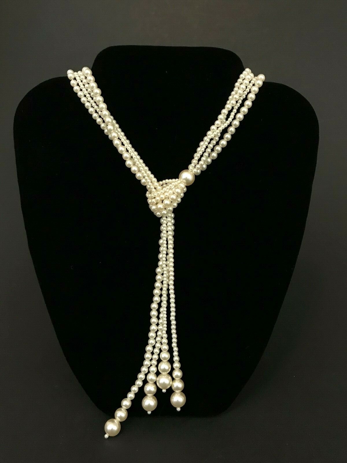 Stunning 4-Strand Multi Size Faux Pearls Adjustable Wrap Tassel Lariat Necklace