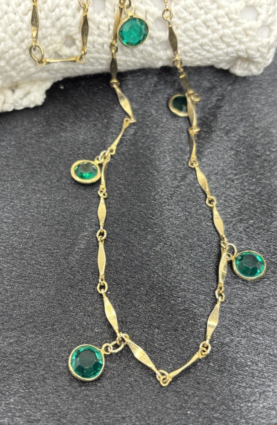 Vintage Bezel Set Green Crystal Station Necklace Bar Link Chain 23”