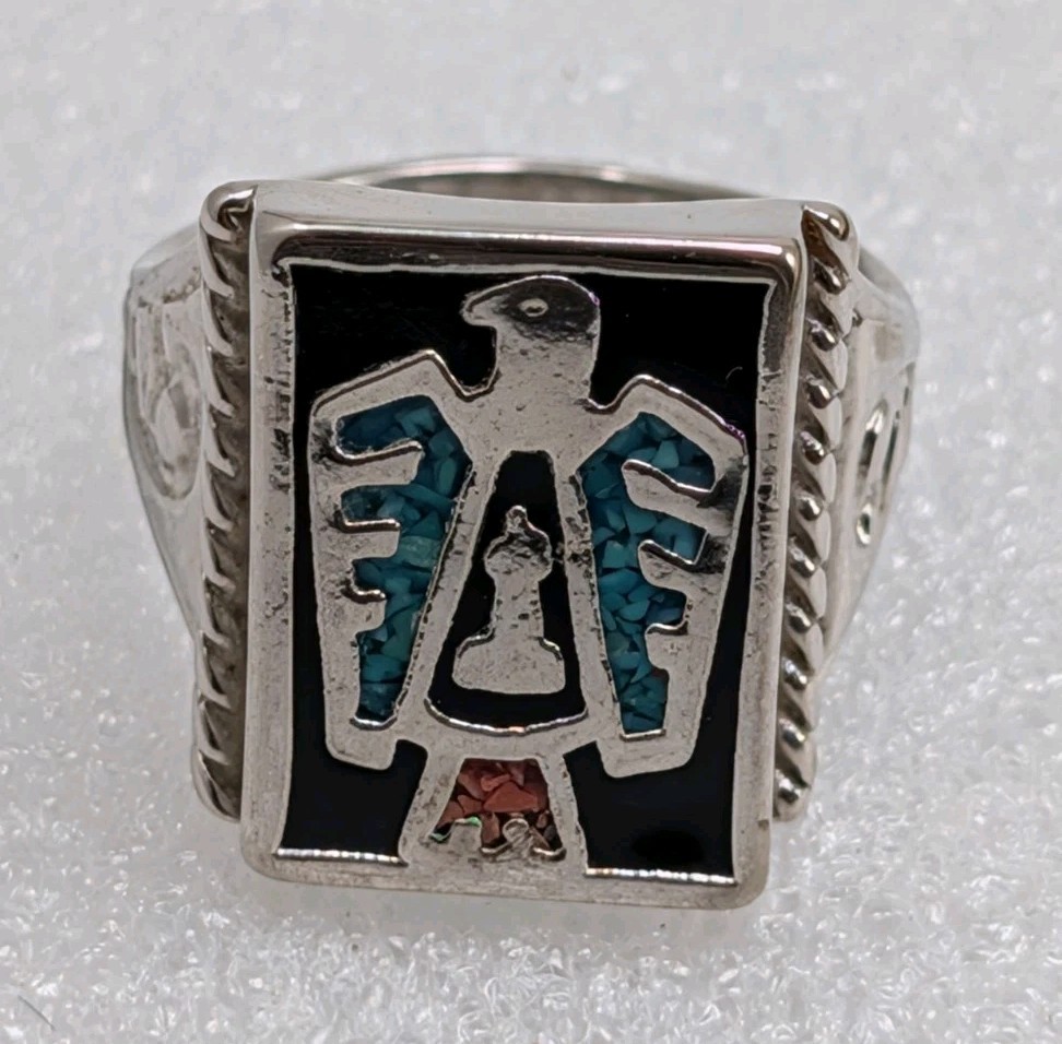 Vintage Silver Plated Native American Thunderbird Stone Chip Inlay Ring Sz 9.75
