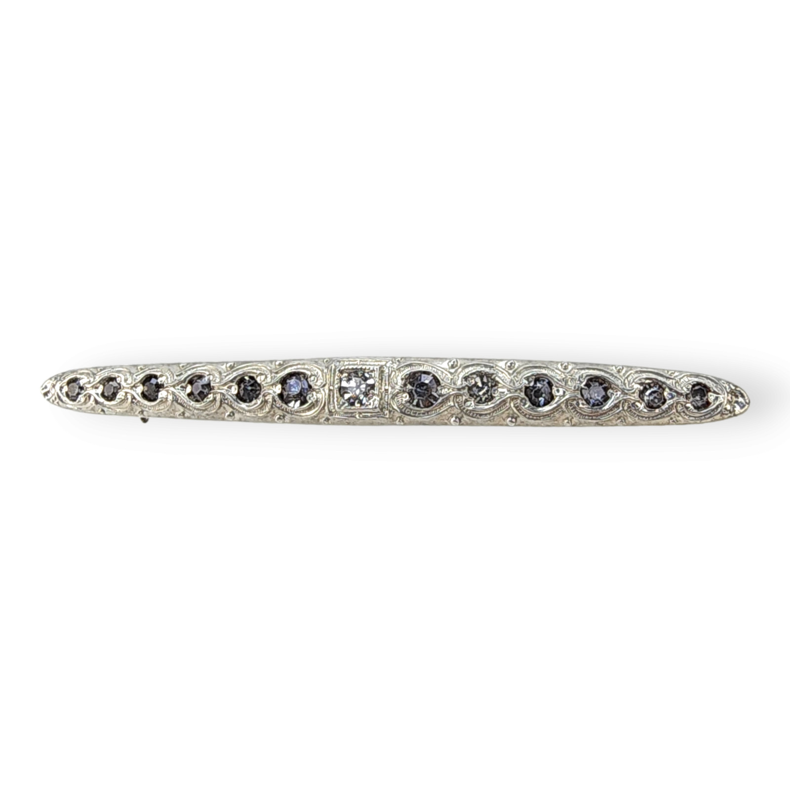 Vintage Art Deco Silverite Fishson Clear Rhinestone Bar Brooch Pin