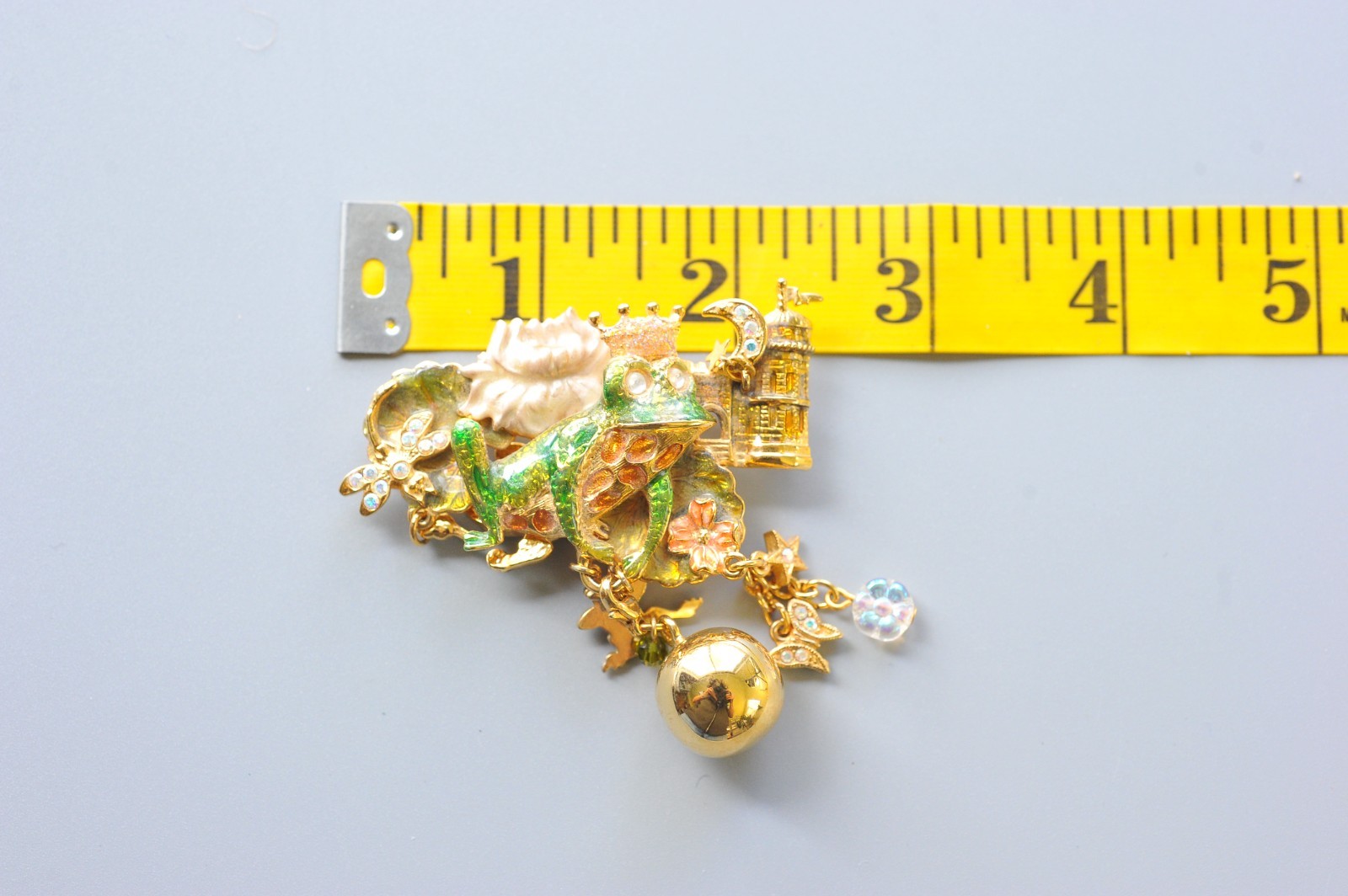 Kirks Folly Brooch dangle charm enamel rhinestone Frog Fairy prince crown AL14