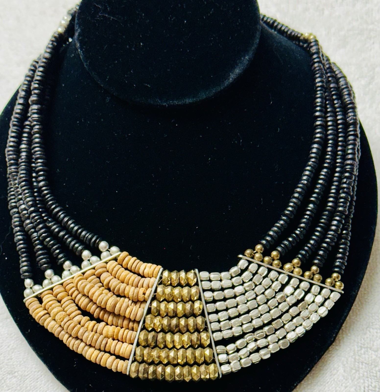 Black Brown White Bead Multi Strand Cleopatra Style Collar Necklace n980