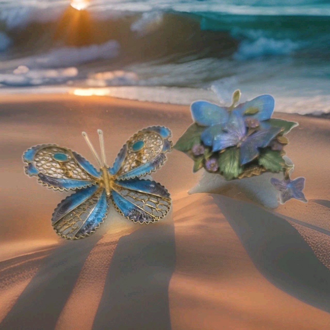 Brooch Set Of 2 Flowers & Butterflies Hues Of Blue Green & Violet Brass Tone0321