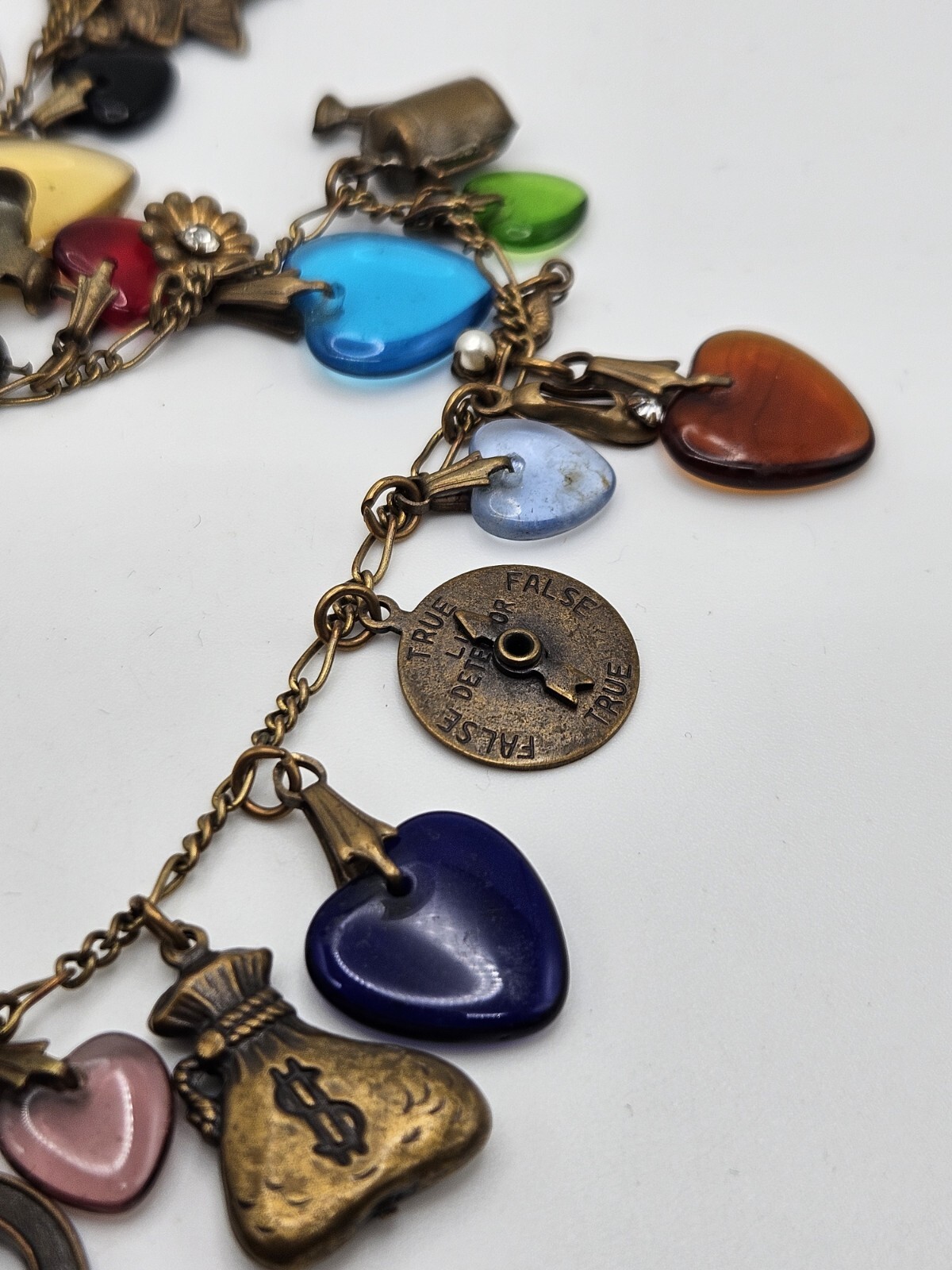 Glass Works Studio Brass Tone Multicolor Glass Dangle Hearts Charm Necklace