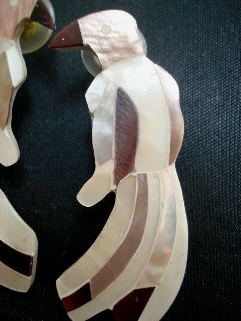 RARE Vtg. Halcyon & Hadley Inlaid Abalone & Mother of Pearl Bird Earrings