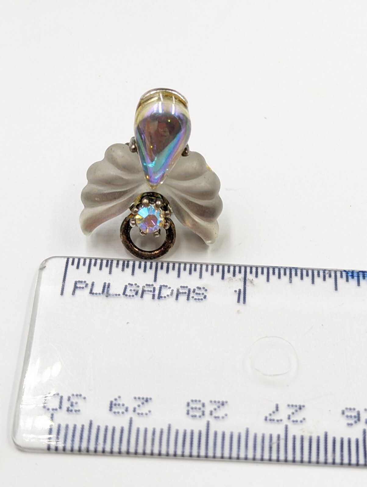 Rare! Vintage LIT USA Silver Tone Faux AB Lucite & Rhinestone Angel Pin K055