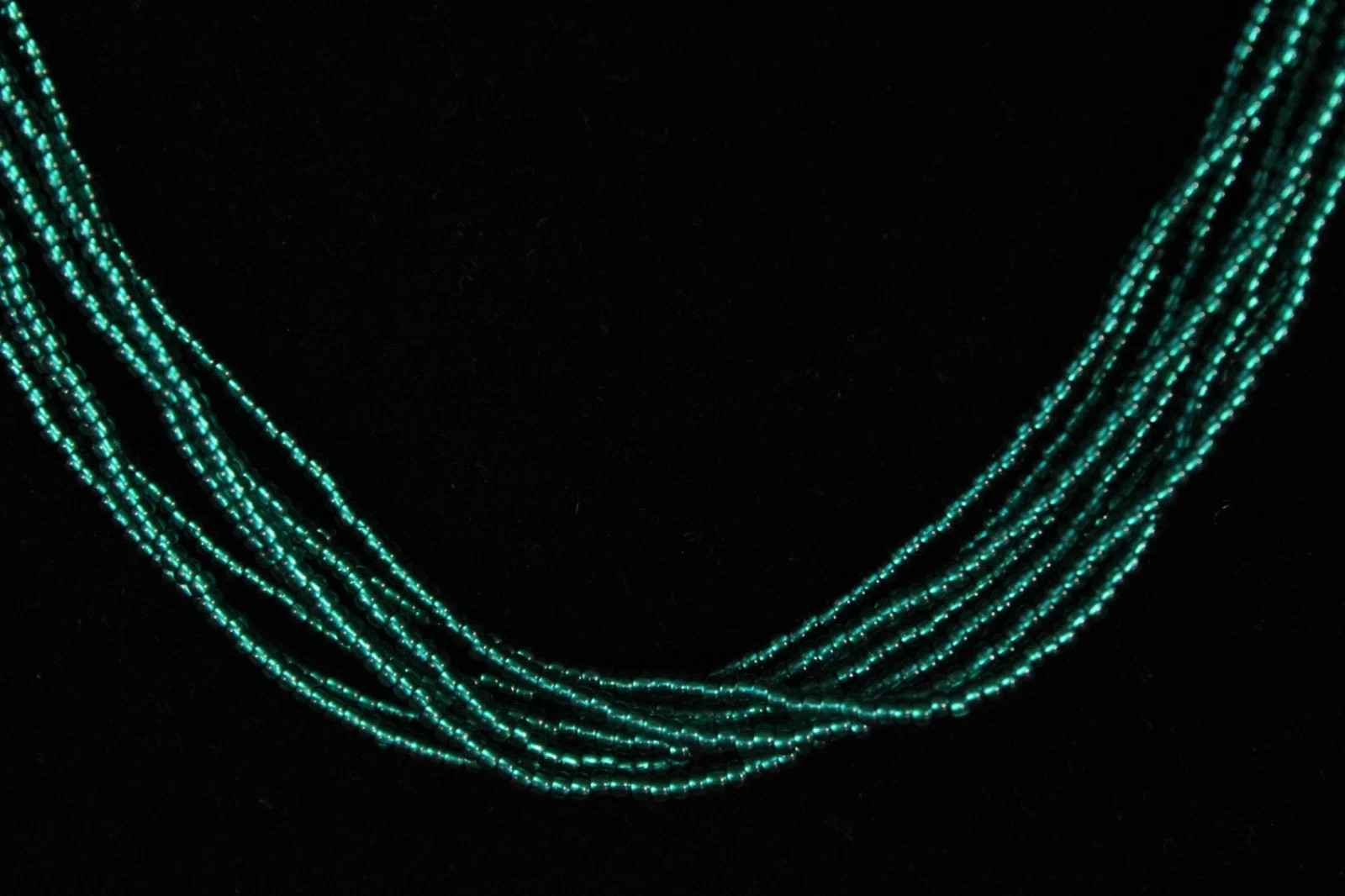 Beaded Necklace Dark Blue Green 28″ 28 in 8 Strand Small Tiny Seed Bead Handmade