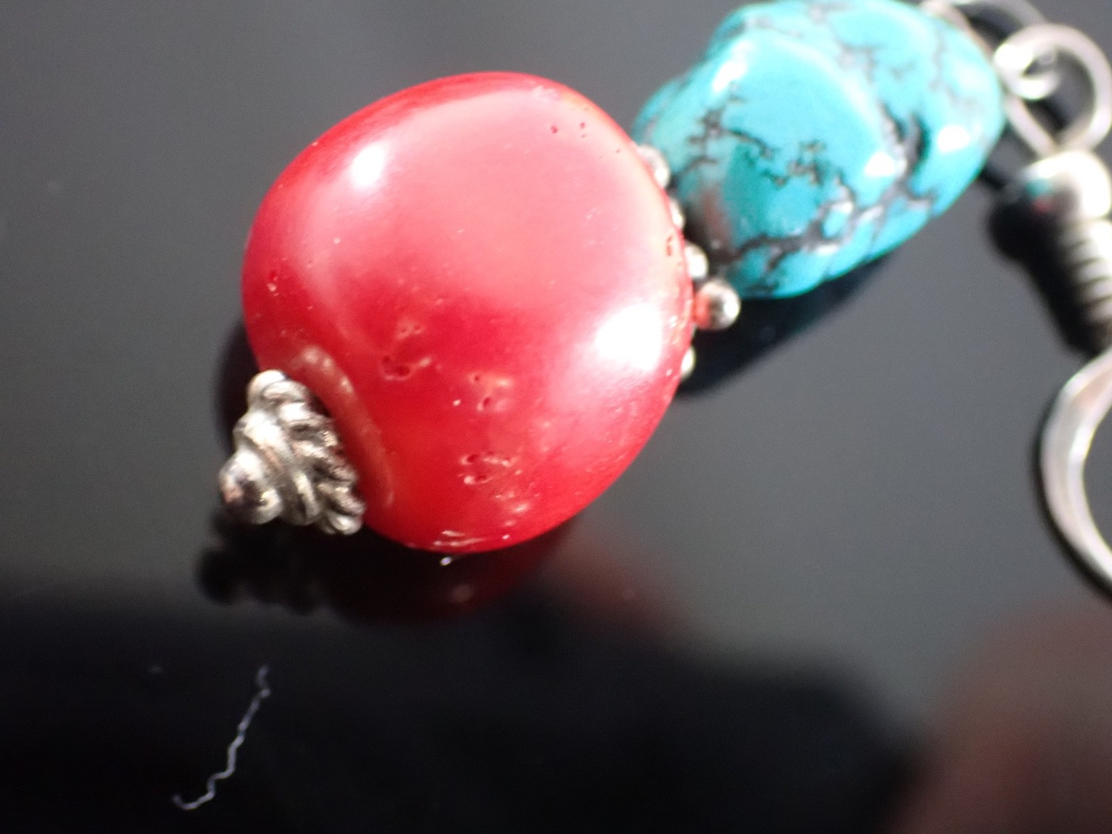 Vintage Sterling Drop Earrings Red Bead & Turquoise Matrix Stones Artisan