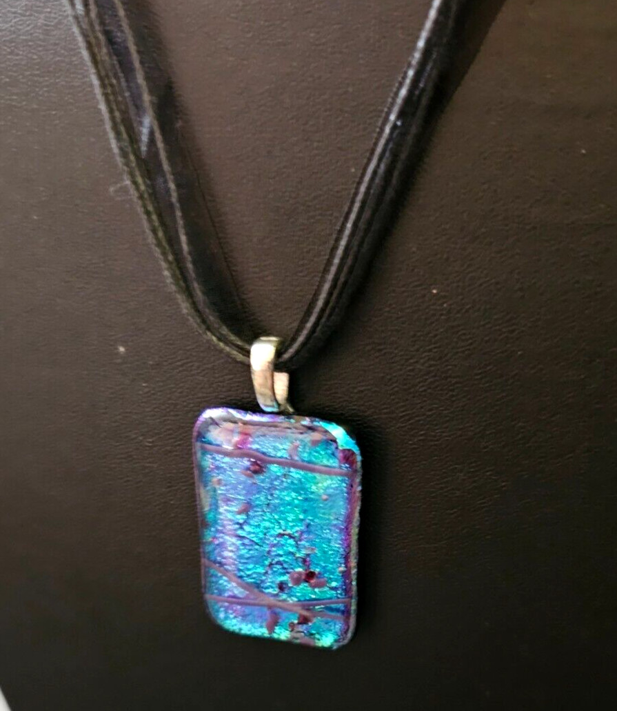Blue and Purple Glass Dichroic pendant Cord/Ribbon Necklace 18″