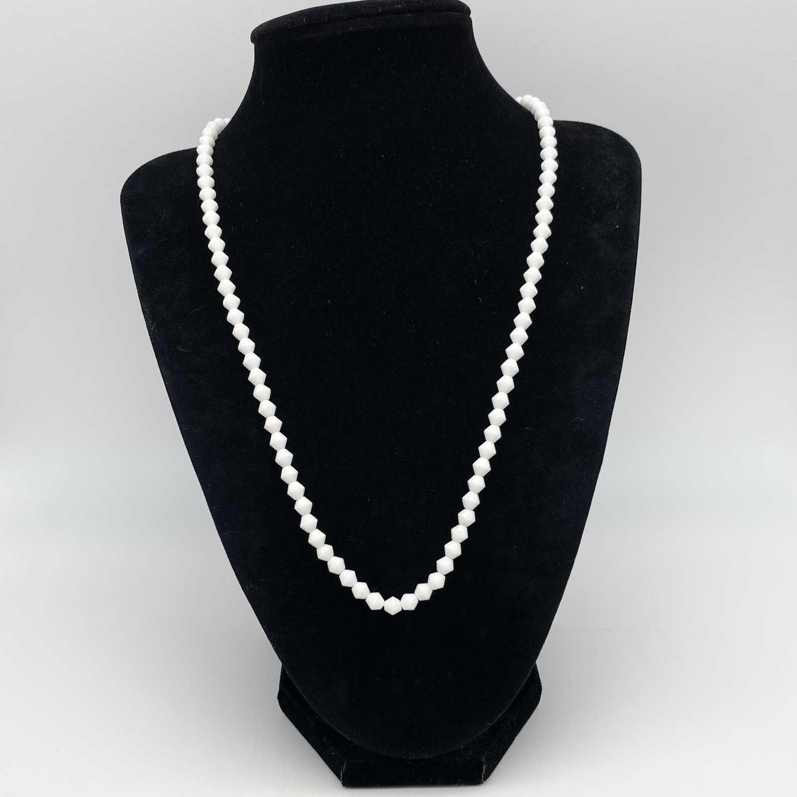 Vintage Necklace White Milkglass Bicone Beads Retro Jewelry 25”