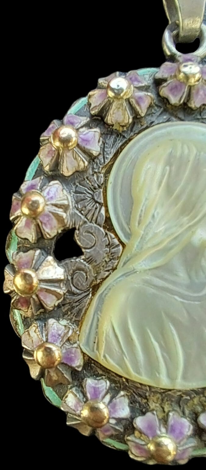 Fine Antique European Art Deco Gold Silver Enamel MOP Virgin Mary Pendant C1900