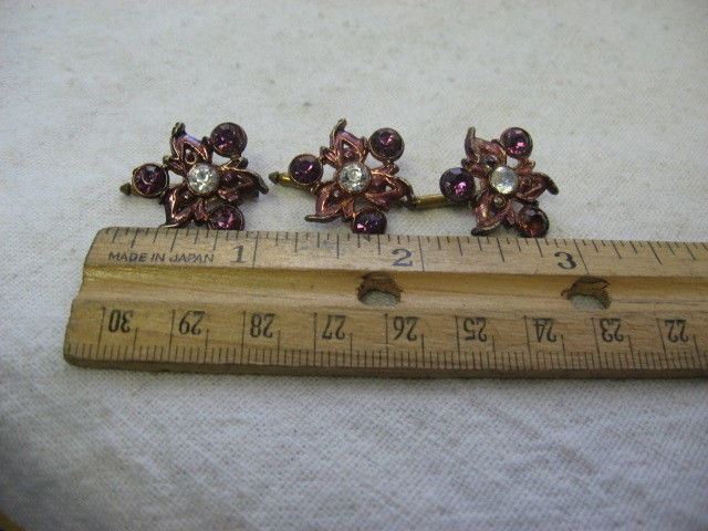 Vintage Set of 3 Purple Rhinestone Flower Shirt Studs Dress Pins Enamel Finish
