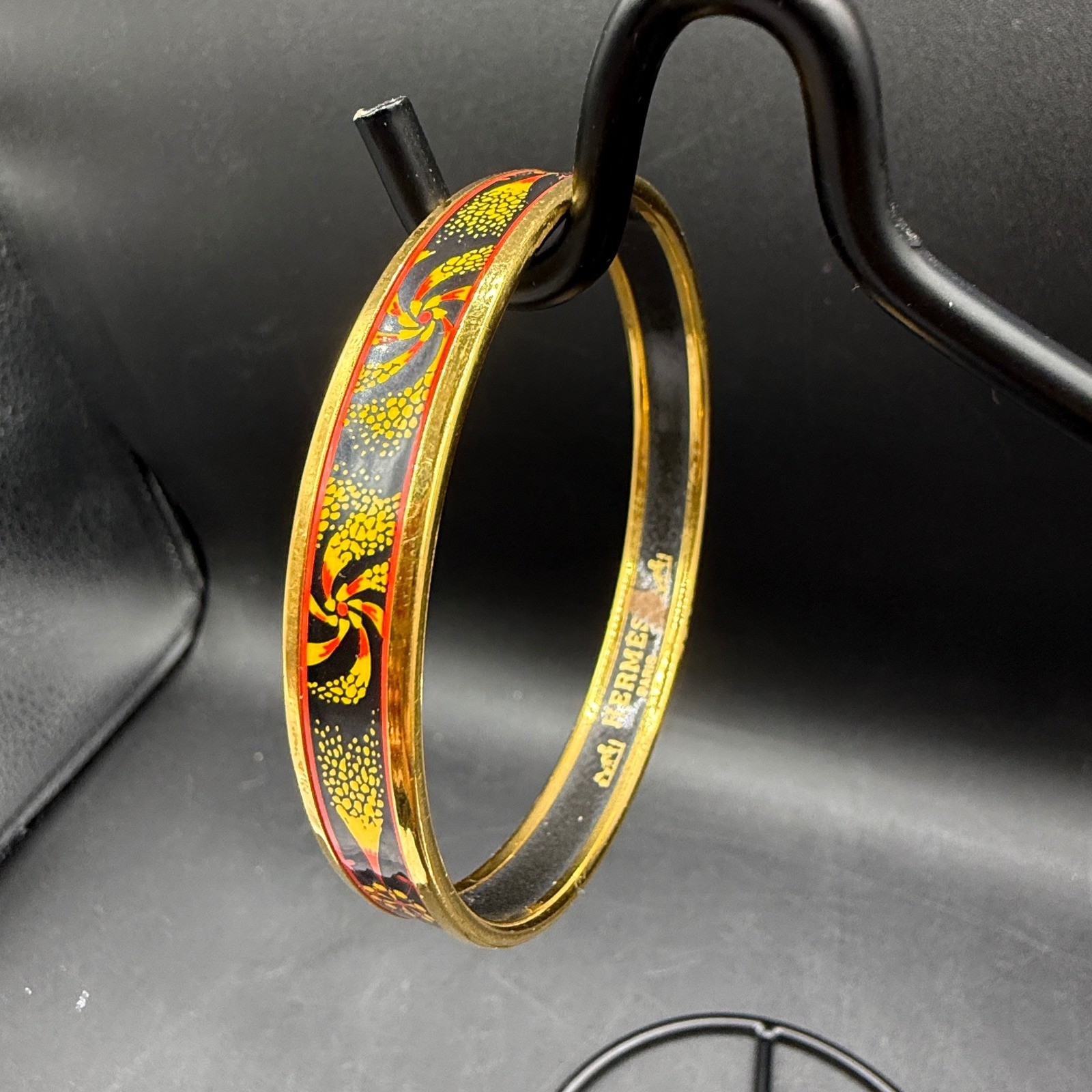 Hermes Vintage Enamel Bangle Bracelet Women Gold Red Yellow Floral Narrow