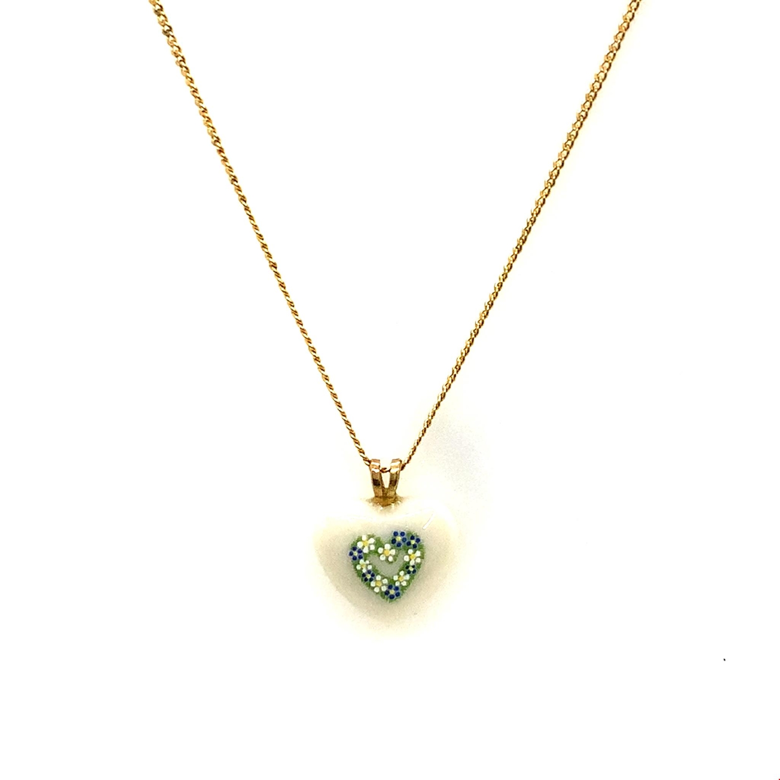 Vtg Signed 14k Gold Filled Lenox Puff Heart Porcelain Pendant Necklace sz 18 1/2