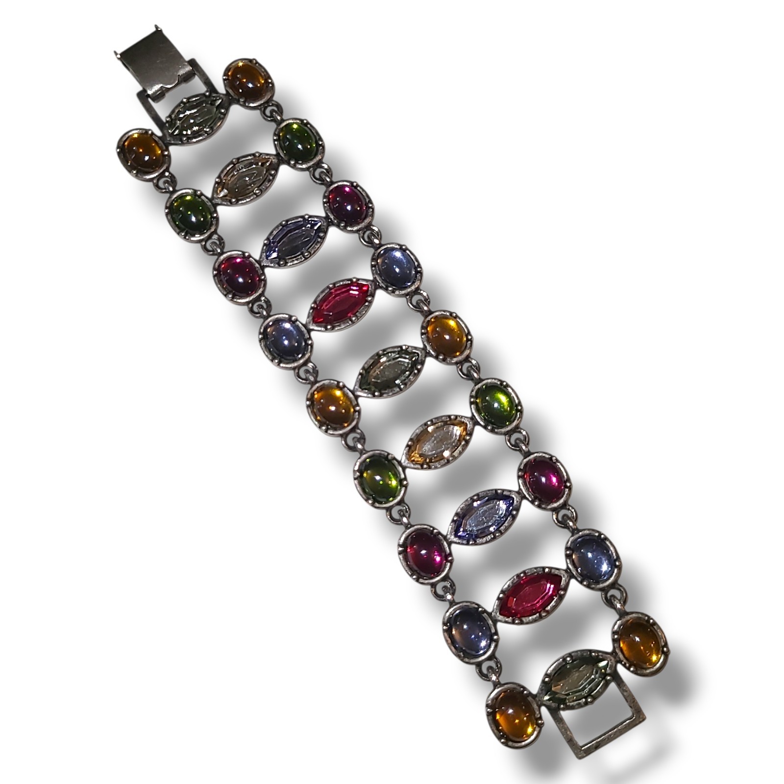 Vintage Gripoix Style Glass Cabochon Panel Bracelet 7.5″ Silver Tone Multicolor