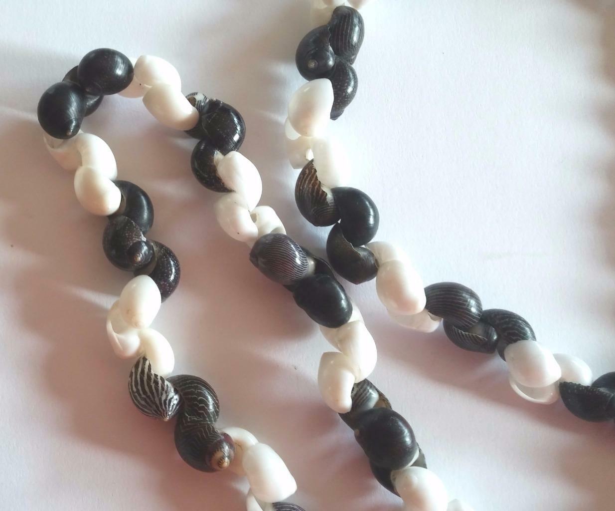 Vintage Antique Black and White Seashell Shells Beaded Necklace 34″