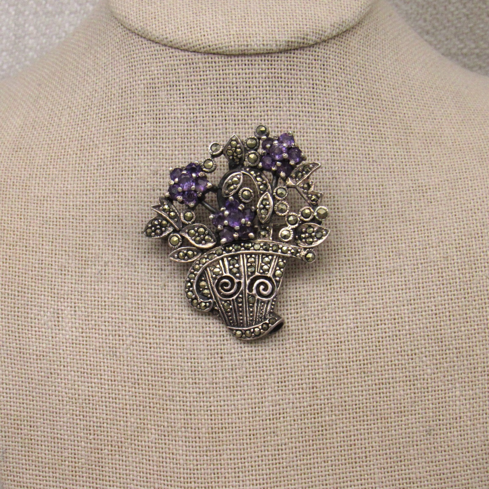 Amethyst, Marcasite and Sterling Slver Flowers and Pot Pin/Pendant +