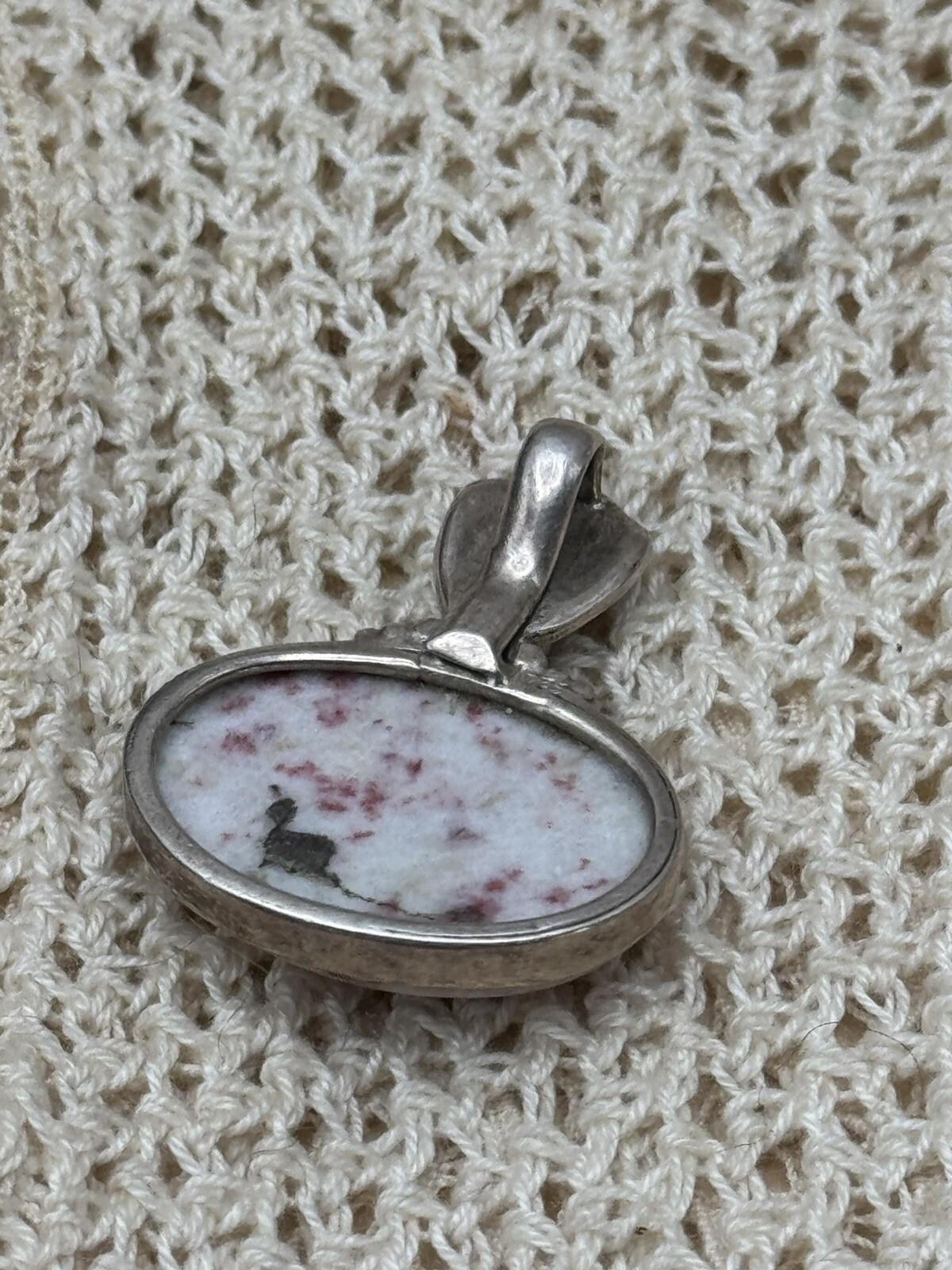 Vintage Pendant Sterling 925 Pink Flecked Stone Red Rhinestone ESTATE FIND