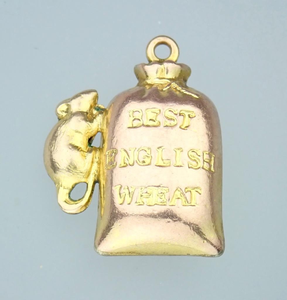 Fun! Antique Victorian Solid 9K Rose Gold Mouse Sack Of Wheat 3D Charm Pendant