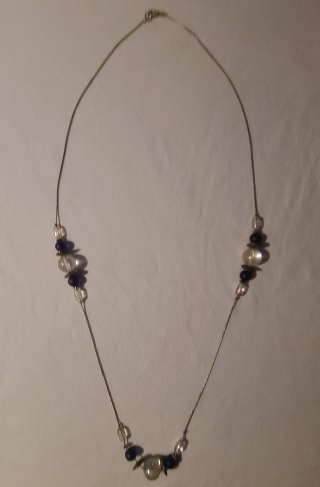 Vintage Silver Tone Floating Station Necklace Illusion Clear Blue Beaded Pearl
