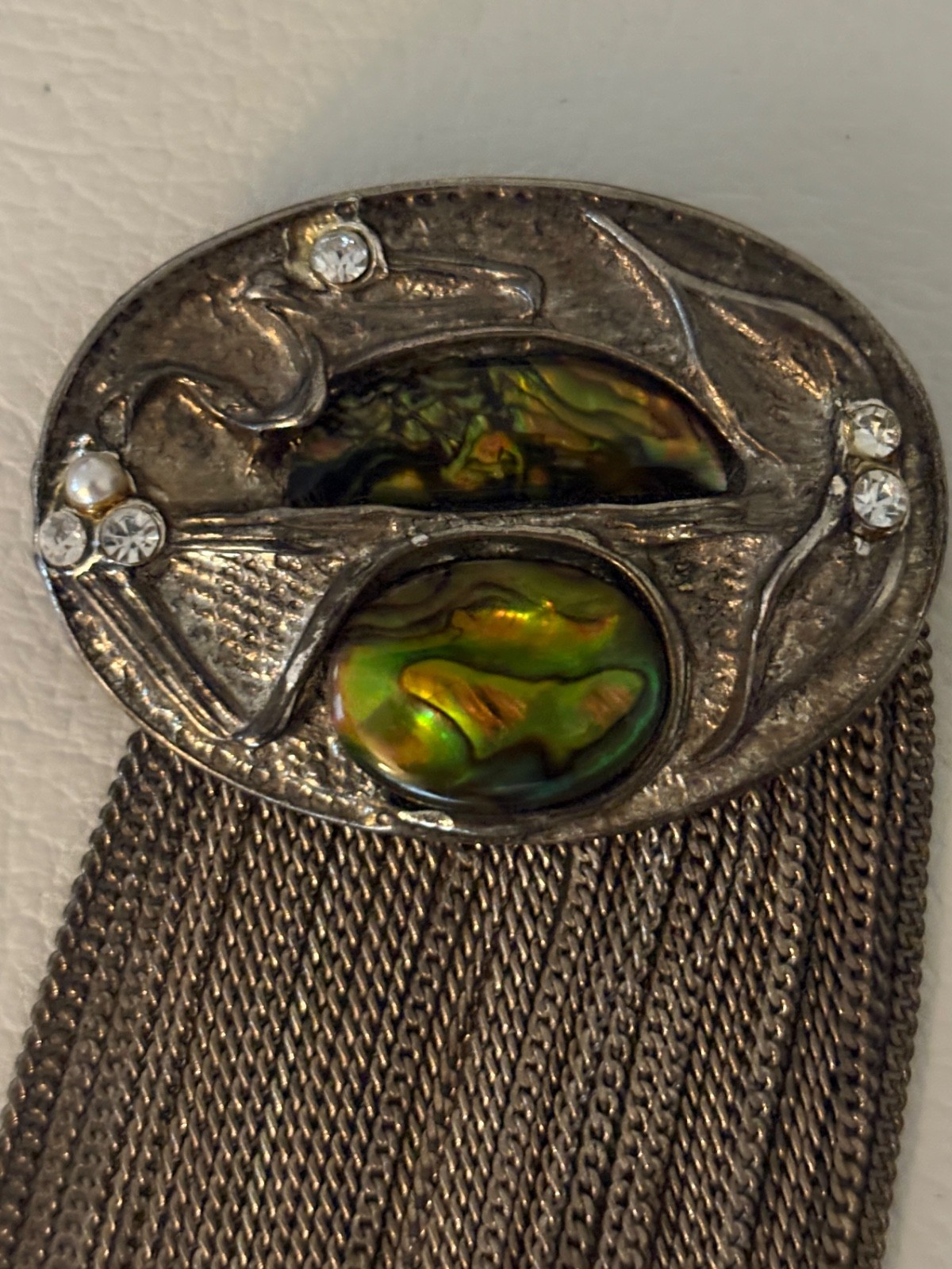 Vintage Unsigned Abalone SilverTone Fringe Chain Brutalist Statement Brooch