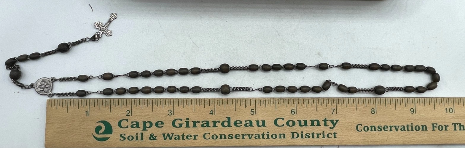 VTG Dark Wood beaded Rosary Crucifix silver tone Religious