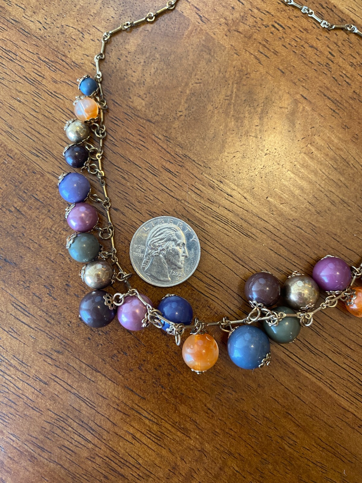 Vintage Colorful Cha-Cha Style Mixed Bead Necklace Gold Plated Bar-Link Chain
