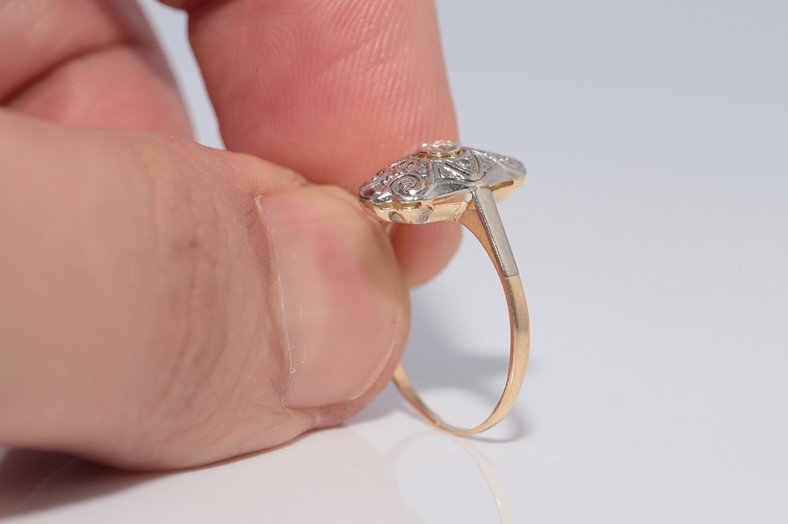Antique Circa 1920s Art Deco 14k Gold Natural Diamond Decorated Navette Ring