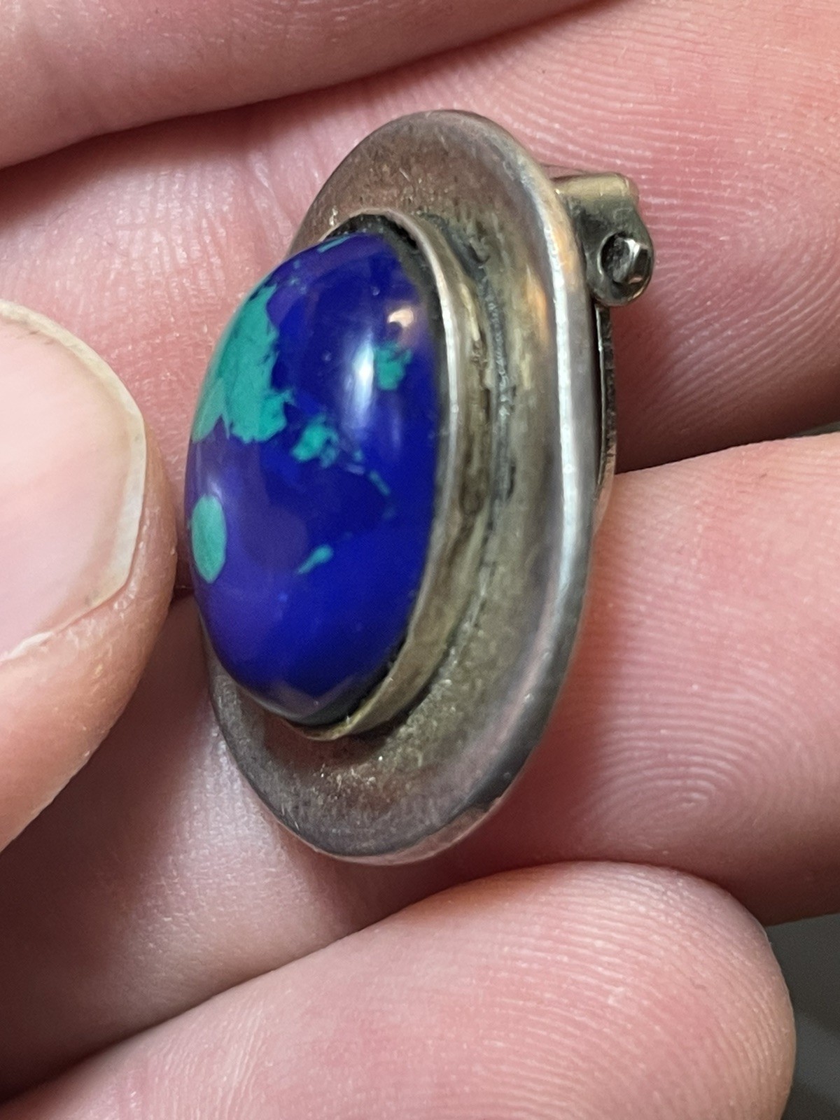 Vintage Sterling Azurite Heavy Clip On Earrings Mexico 925 TH-97 *See Pics/Notes