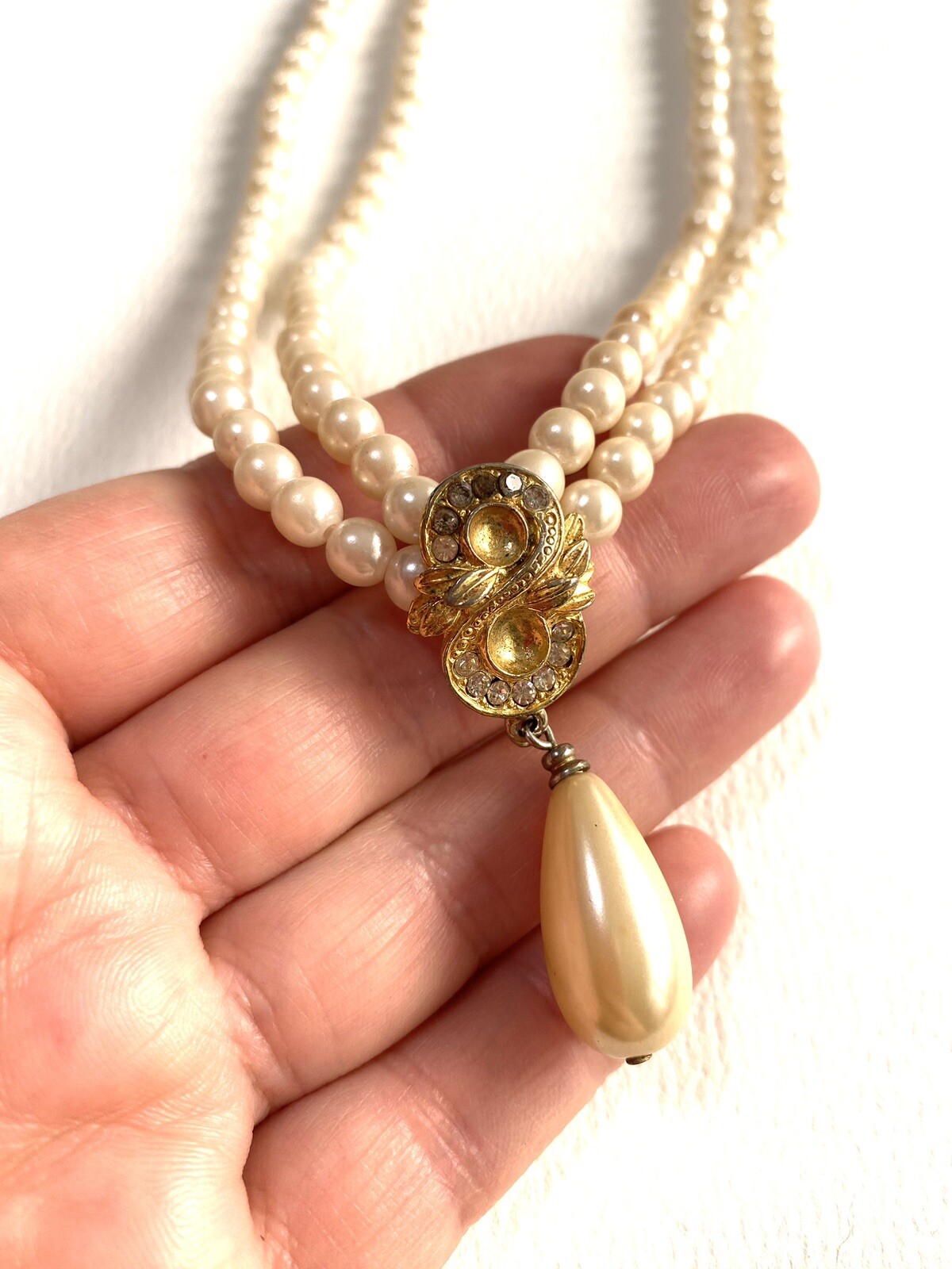 Vintage Estate Faux Cream Pearl Gold Tone Rhinestone Drop with Fish Hook Clasp
