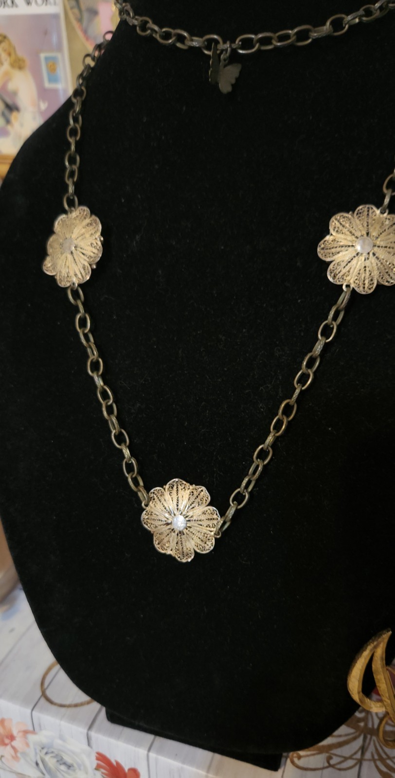 VTG Silver (tested) Filigree Flower Station Charms On Bronze-tone Chain