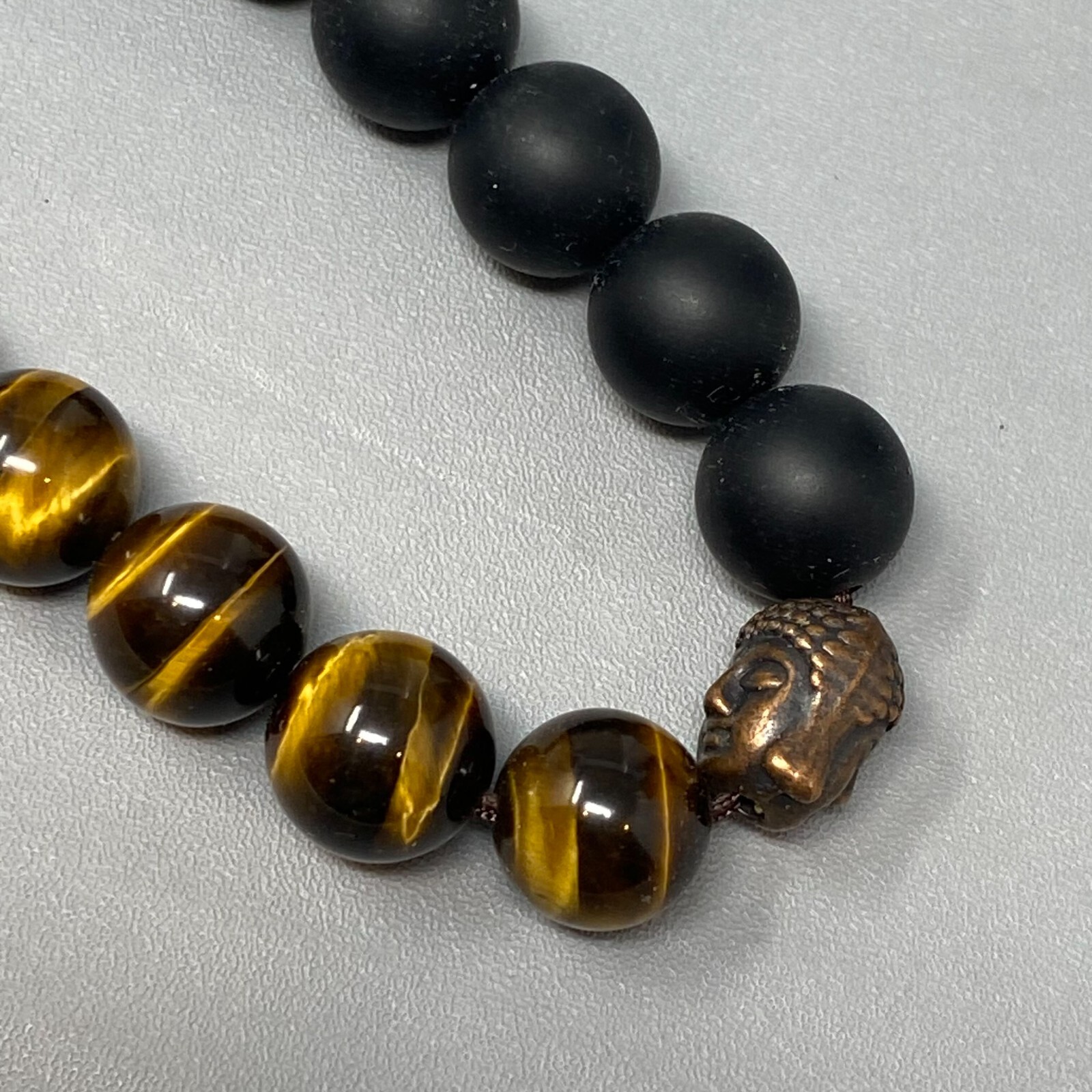 Mixed Stone Bracelet Gold Tigers Eye Black Matte Beads Buddha Head Slide 7-8″