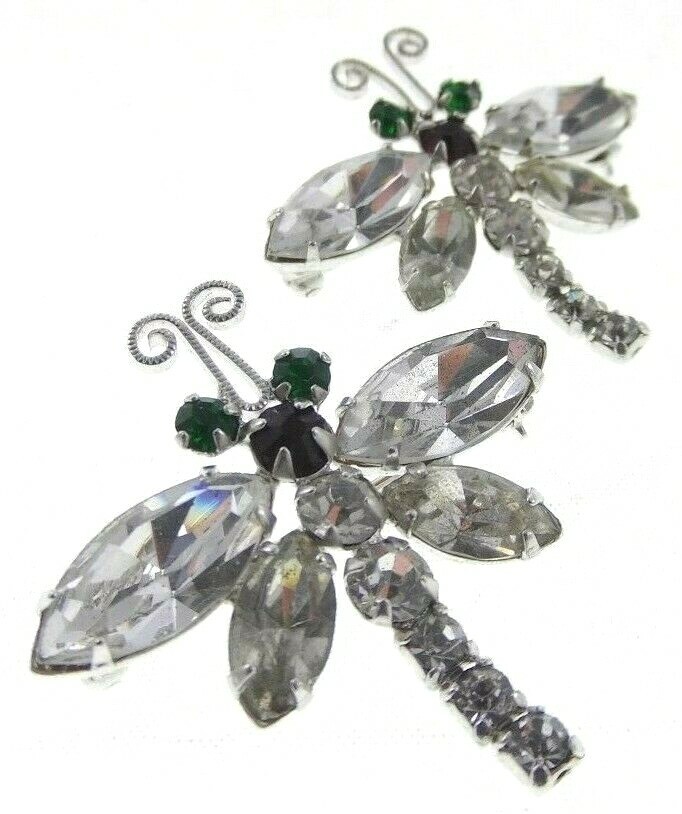 2pc Set Vintage 1.5″ Prong Set Rhinestone Dragonfly Brooch Insect Bug