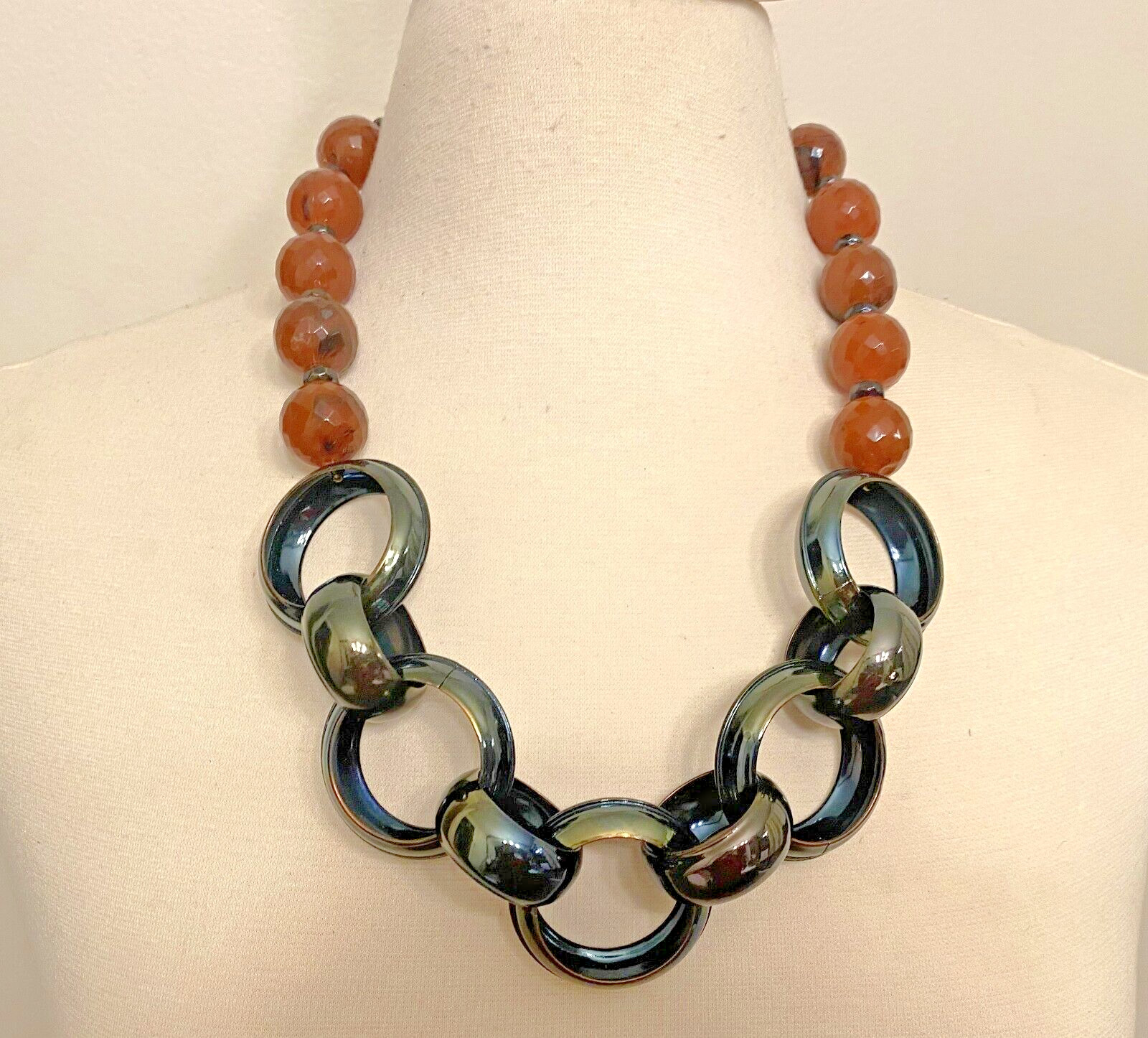 Vintage Brown Resin & Green Metal Chain Necklace