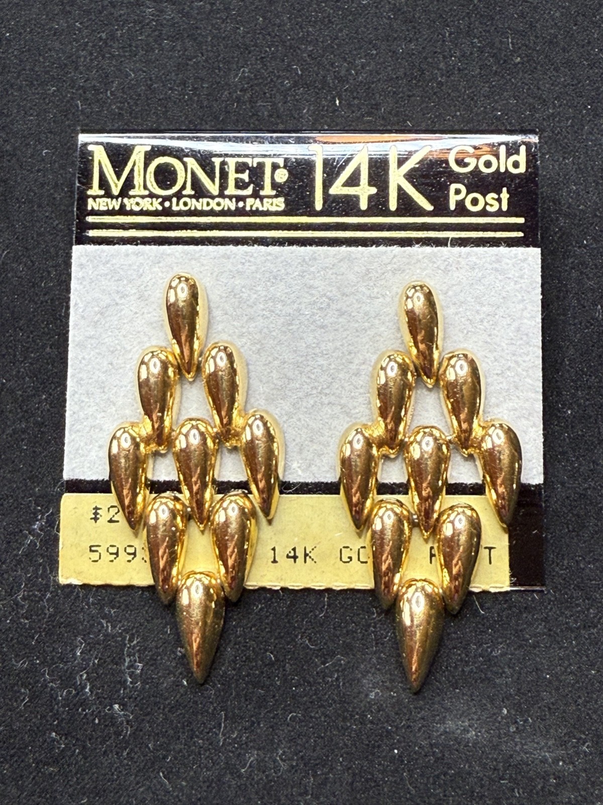 Vintage Monet 14K Gold Post Dangle Drop Pierced Earrings NEW