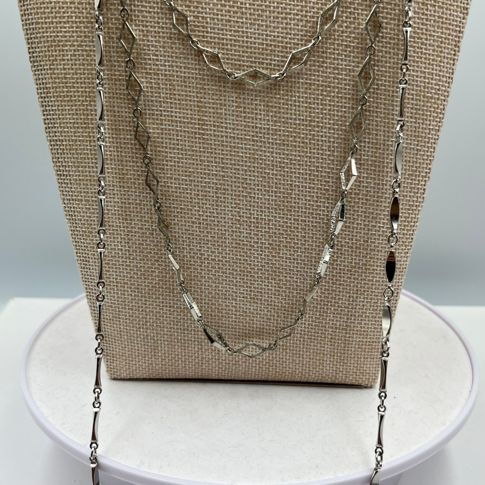 VTG Silver Tone Multi Layered Necklace Geometric Diamond Station Link Long Chain