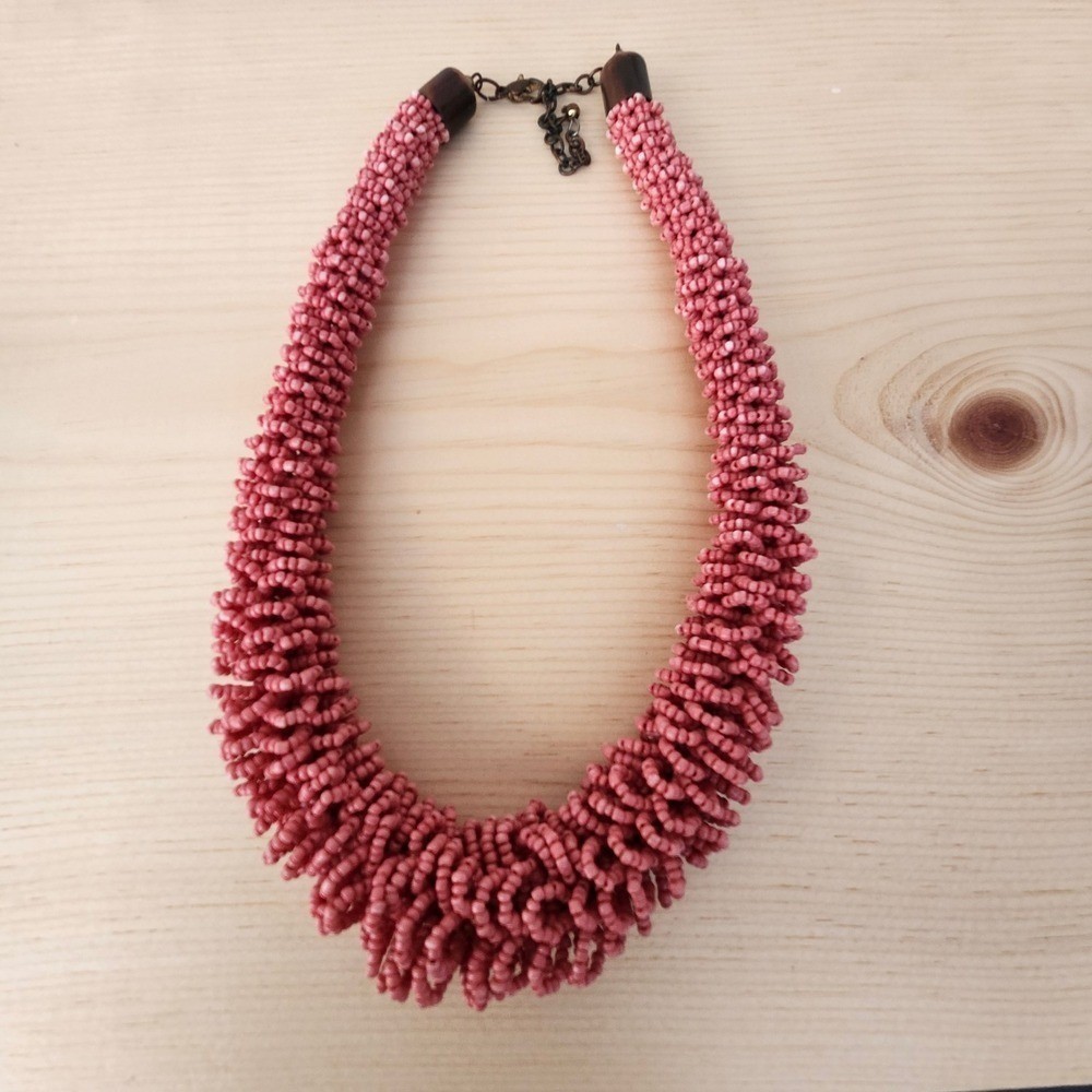 Vintage Style Beaded Statement Necklace – Pink/Coral Tone – Chunky Multi-Strand