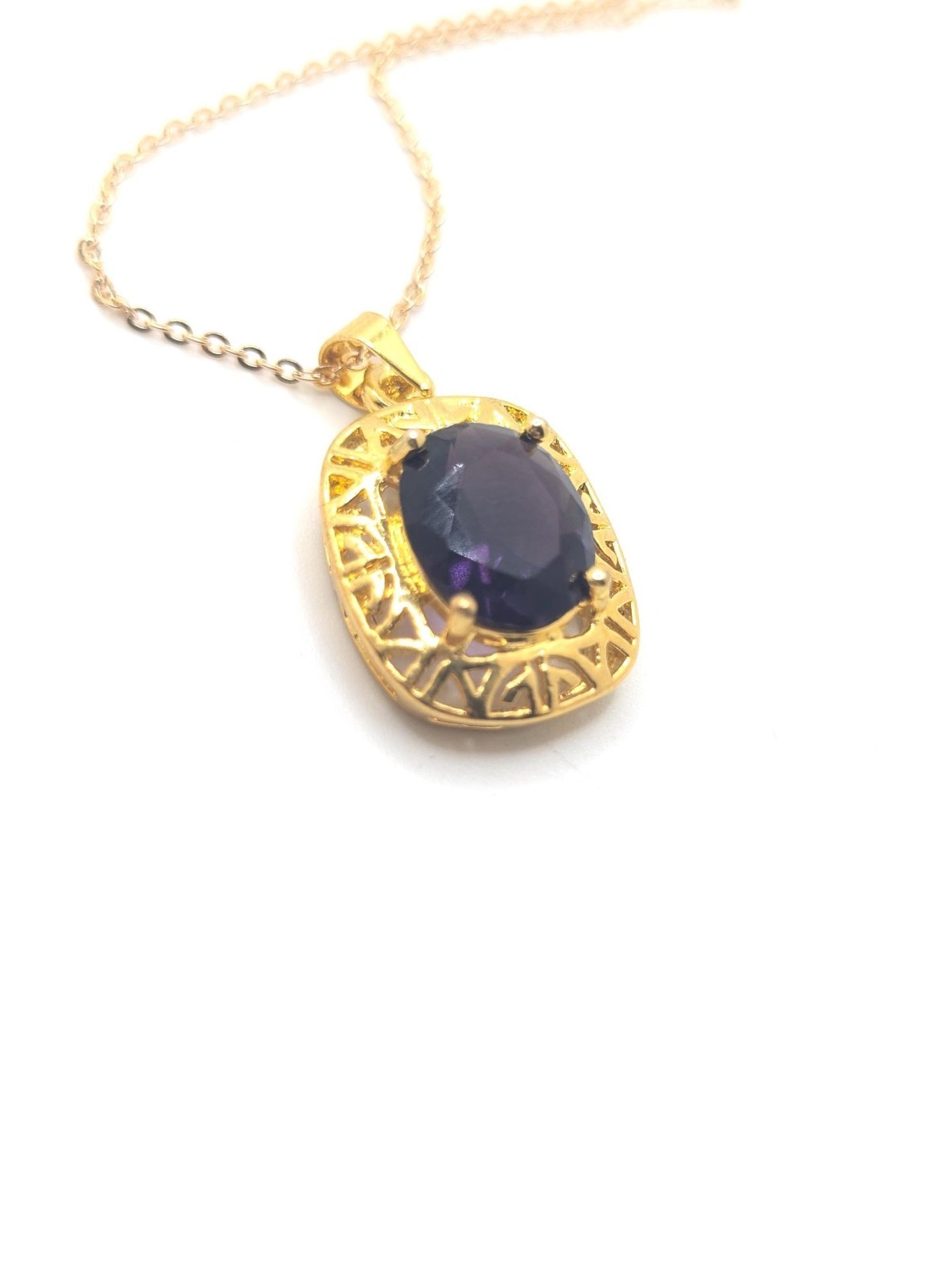 Vintage Gold Plated Sterling Silver Dark Purple Rhinestone Necklace Pendant Gift