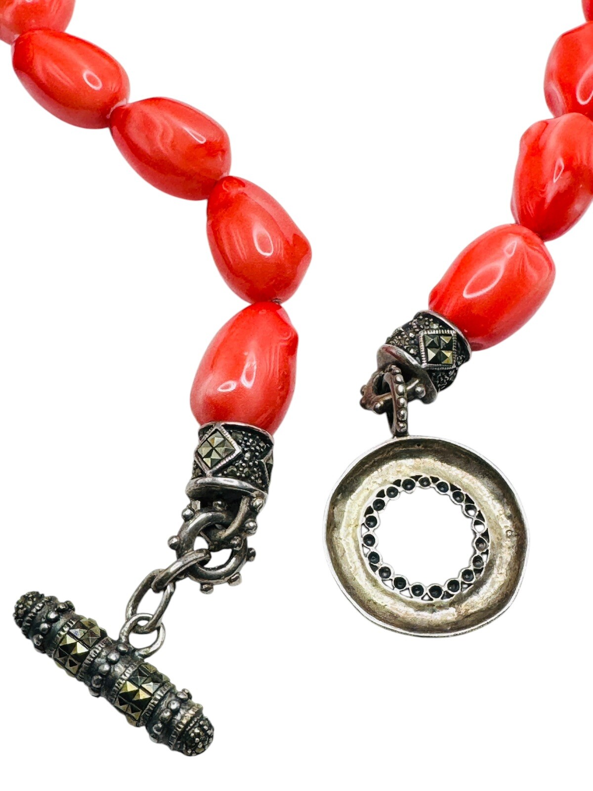 Sterling Silver Red Stone Marcasite Necklace Large Toggle Clasp 18″