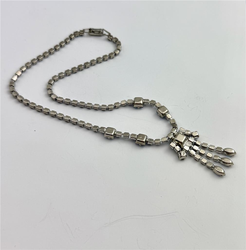 1950’s Vintage Baby Blue Rhinestone Silver Tone Drop Dangle Necklace 14.5″ Long