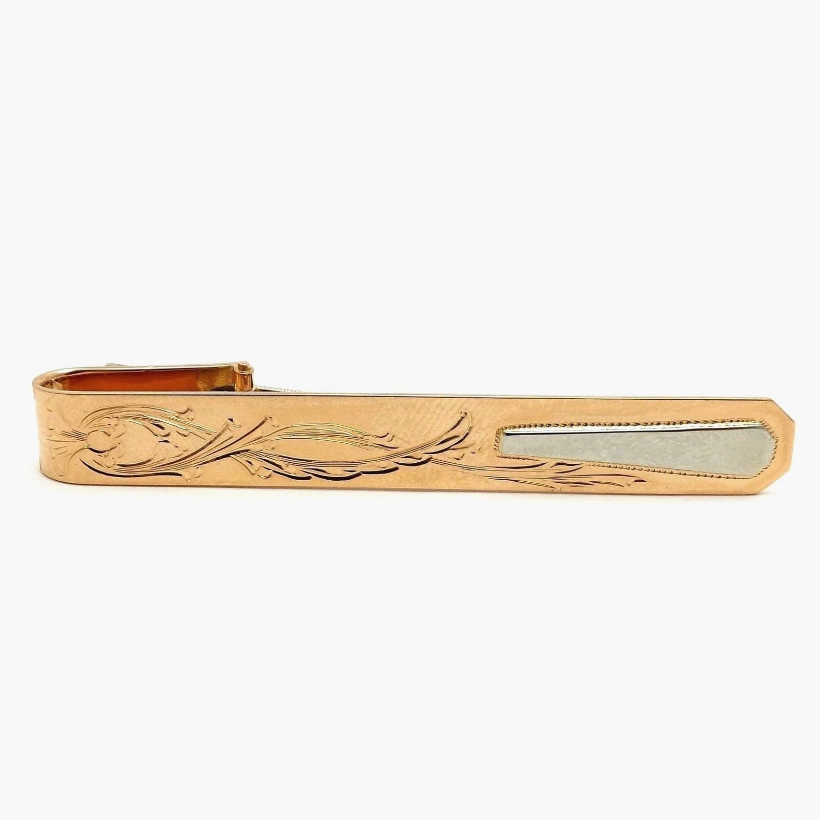 Art Deco Solid 18k Rose White Gold Tie Clip Coat Pin Hand Etched Italy 750